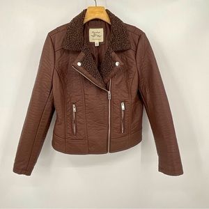 Maralyn & Me Brown Faux Leather Biker‎ Coat with Sherpa Trim Size Large A15